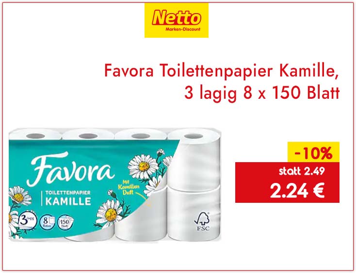 -10% | 8x Favora Toilettenpapier Kamille 3 lagig