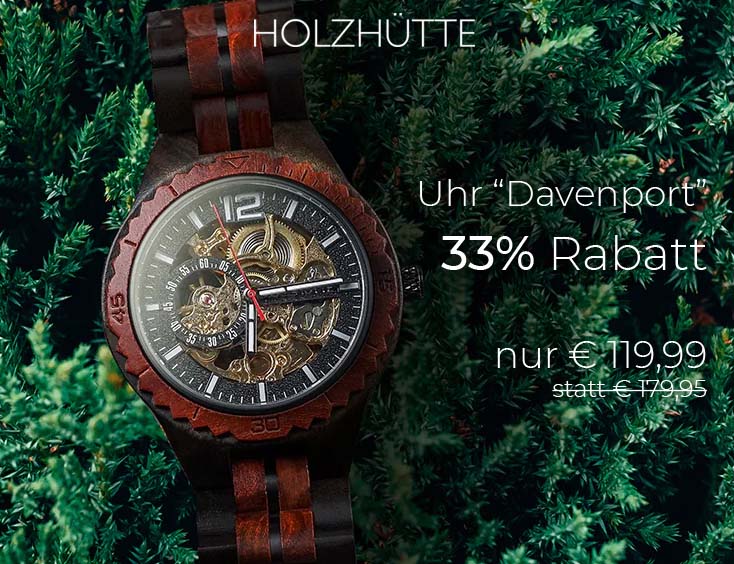 Holzhütte Holz-Uhr "Davenport" | 33% Rabatt