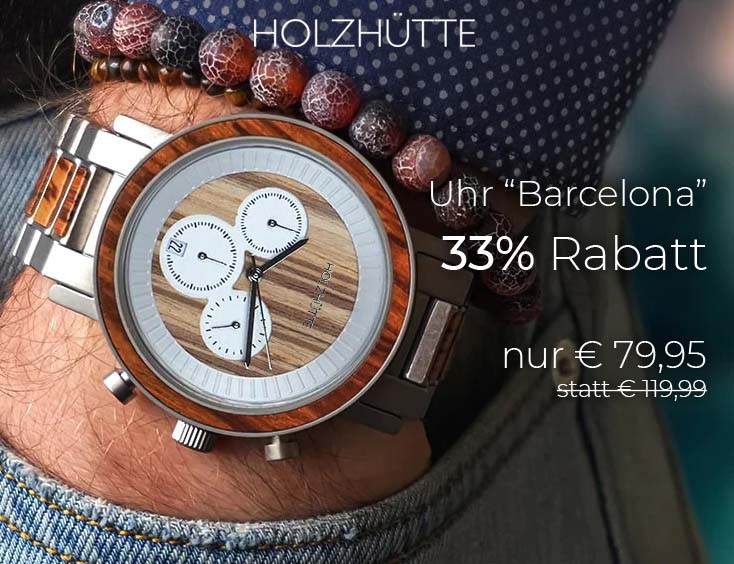 Holzhütte Holz-Uhr "Barcelona" | 33% Rabatt