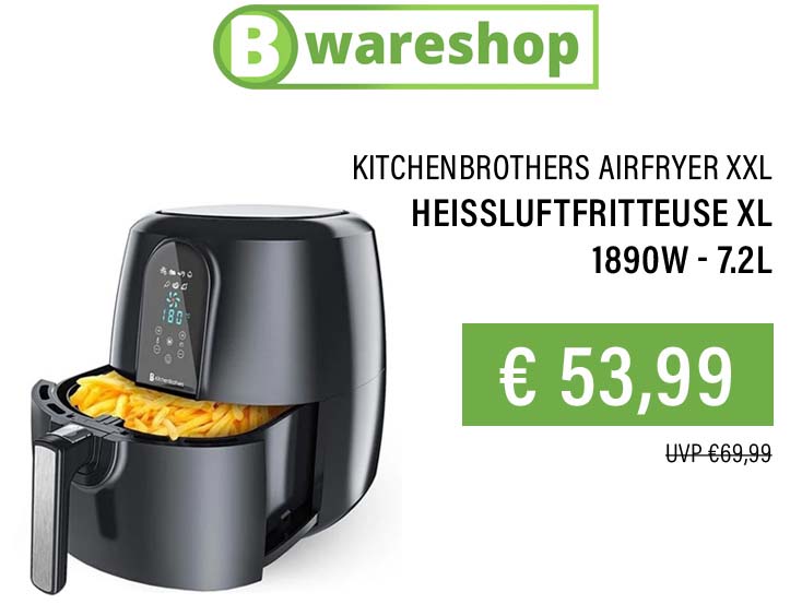 KitchenBrothers Airfryer XXL - Heißluftfritteuse XL - 1890W - 7.2L - Kochbuch - Schwarz
