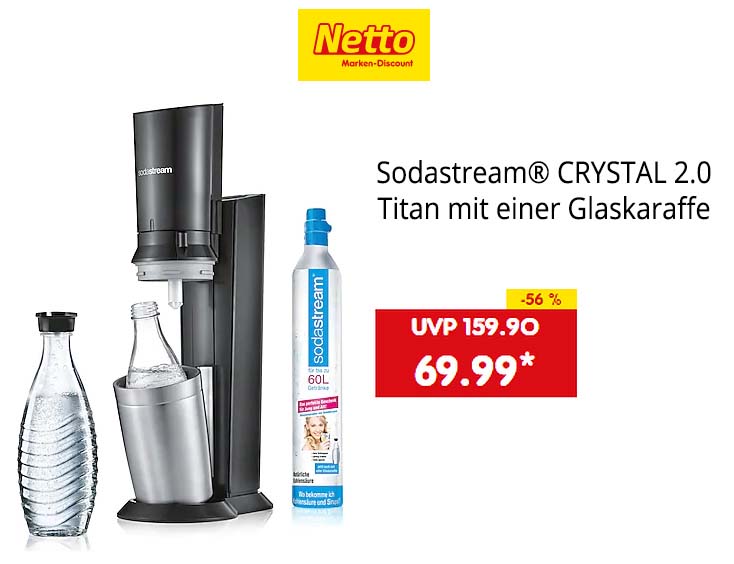 Sodastream® CRYSTAL 2.0, Titan mit einer Glaskaraffe