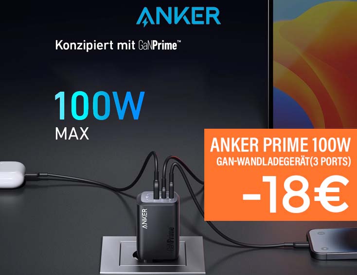 -18€ | Anker Prime 100W GaN-Wandladegerät(3 Ports)